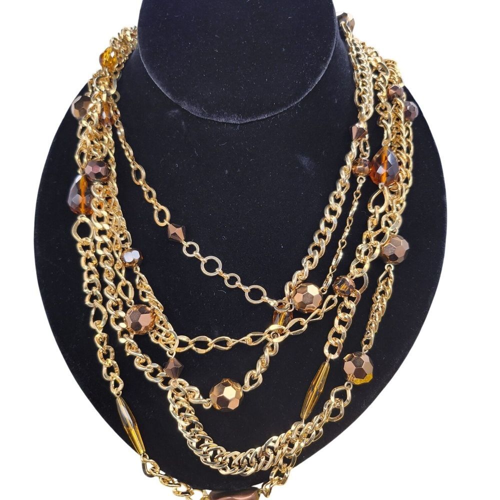 Layered Gold-Tone‎ Chain Necklace With Amber Beads & Faceted Crystal Accents